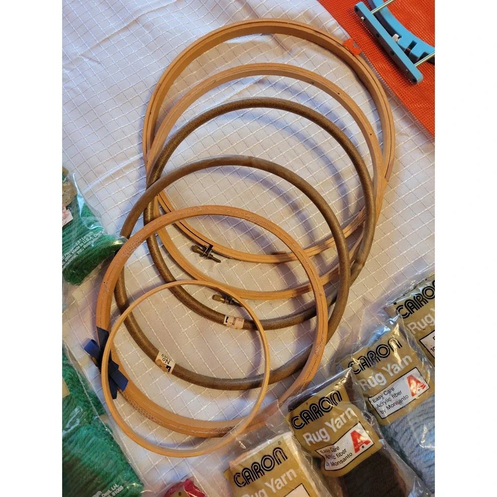 Vintage Needlework Lot Caron Rug Yarn Embroidery Hoops Sayelle Pom Pom Maker